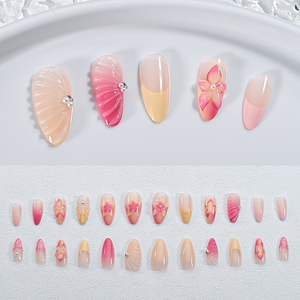 24 <span class=keywords><strong>faux</strong></span> ongles en forme d'amande, rose blush, <span class=keywords><strong>motif</strong></span> floral 3D, style français simple et doux, pour femmes, artificiels, portables - Product Image 4