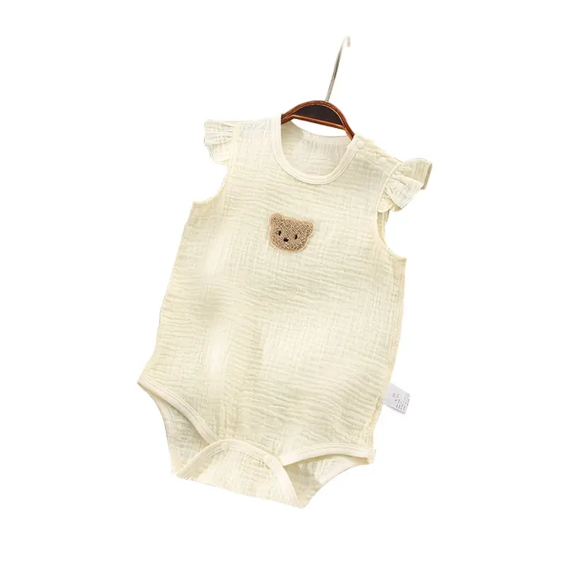 Summer Pure Cotton Gauze Bag Fart Clothing Flying Sleeve Cute Cartoon Bear Print Newborn Male And Female Baby