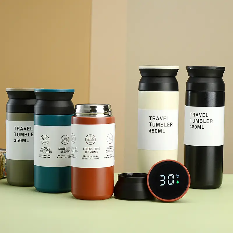 BPA-Free Custom logo 350ml 500ml temperature display stainless steel vacuum flask with tea filter, coffee cup, car gift cup