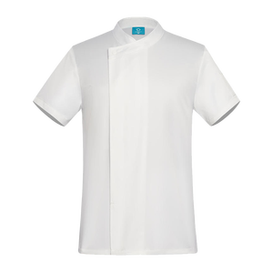 Veste de chef personnalisée à manches courtes, minimaliste, avec patte de boutonnage discrète, sans plis, col montant, pour hôtel, restaurant, cuisine - Product Image 2
