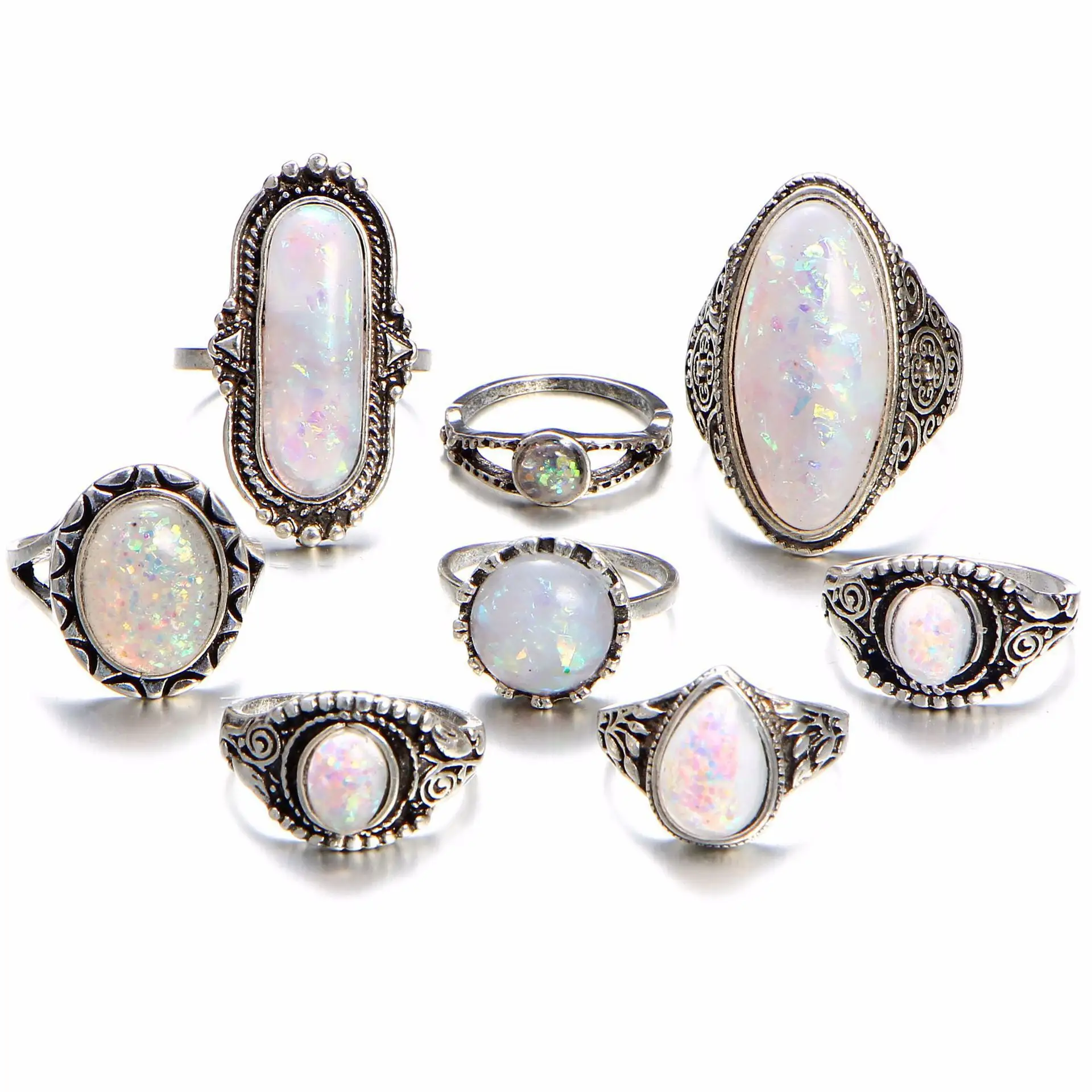 Cổ điển cổ bạc màu Nhẫn Bộ đầy màu sắc Opal tinh thể đá khắc cho phụ nữ người đàn ông Bohemian đồ trang sức