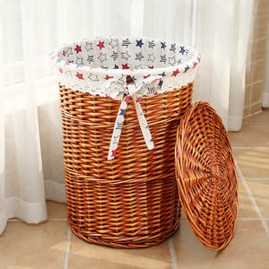 Panier de rangement rond <span class=keywords><strong>en</strong></span> rotin tissé à la main, panier à linge <span class=keywords><strong>en</strong></span> osier, bac à linge avec couvercle - Product Image 1