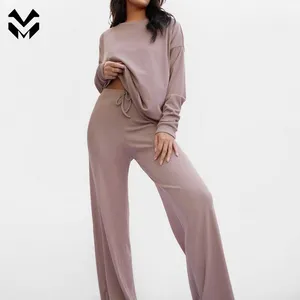 New Plus Size Two Piece Soild Colour Casual Soft Comfy Top Wide Leg Pants Lounge Wear Pajamas Loungewear Set for Women