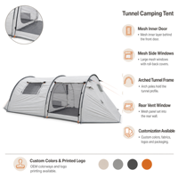 Tente tunnel, porte intérieure en maille, fenêtres à enroulement, 2 chambres, en fibre de verre, 4 saisons, imperméable, 6 places, tente de glamping familiale de luxe