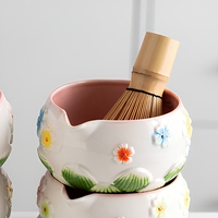 JIAHUI Ensemble de thé en céramique peint à la main avec motif de fleurs de cerisier, fouet, accessoires pour la cérémonie du thé, boîte cadeau