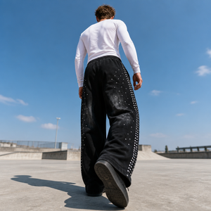 Fabricants de pantalons personnalisés pour hommes, mode, molleton épais noir délavé avec strass, pantalons de survêtement oversize - Product Image 4