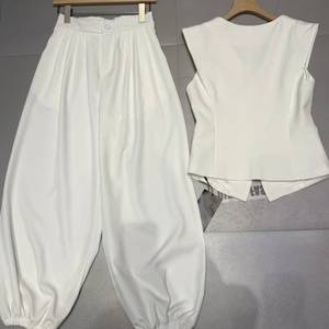 Conjunto de <span class=keywords><strong>Chaleco</strong></span> Entallado y Pantalones Bombachos de Cintura Alta para <span class=keywords><strong>Mujer</strong></span>, Negro/Marrón/Azul/Blanco, Sin Mangas, Cuello en V, <span class=keywords><strong>Traje</strong></span> de Oficina - Product Image 4