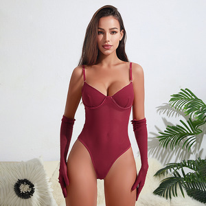Nuovo Body Modellante Senza Maniche con Spalline Regolabili per <span class=keywords><strong>Donne</strong></span>, Body Sexy <span class=keywords><strong>Nude</strong></span>, Lingerie Rossa con Un Paio di Guanti - Product Image 4