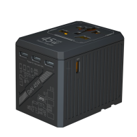 Adaptateur de voyage universel 45W 10A AU EU UK US avec 4 ports USB-C PD et 7 prises électriques pour usage international et hospitalier