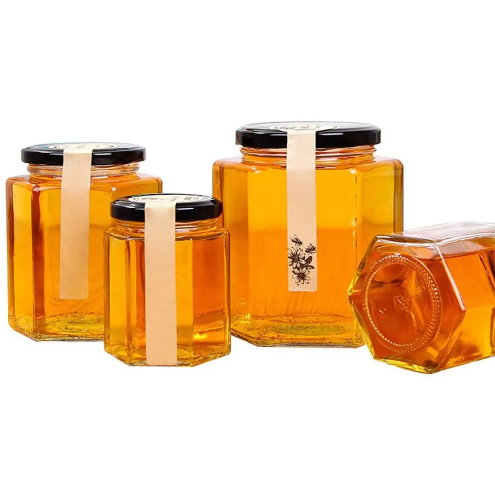 45Ml 85Ml 100Ml 180Ml 280Ml 380Ml 500Ml 730Ml Veelhoek Hexagon Jam Saus pickles Honing Glazen Pot Met Metalen Deksel