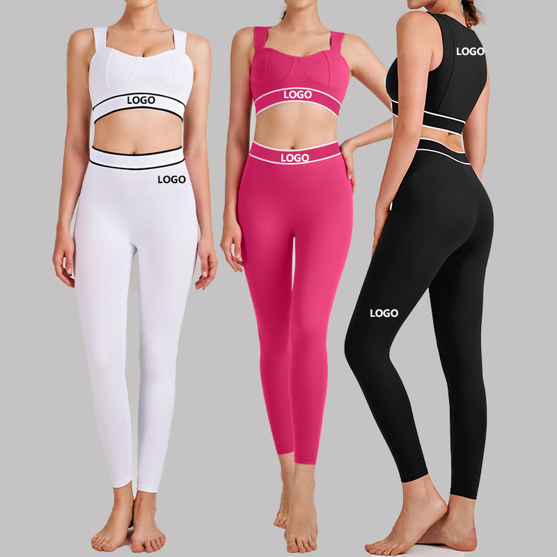YBO-B6010+K6051 New Contrast Striped Yoga Set High Elastic Wide Straps Sports Bra Leggings Running Fitness 2pcs Waist Front
