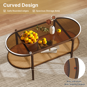 Table basse ovale en verre trempé avec étagère de rangement en rotin à 2 niveaux, cadre en métal imitation bois, table d'appoint pour salon - Product Image 2