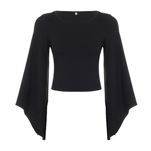 Top de punto de manga acampanada de color liso, camiseta de manga larga para mujer, top básico casual ajustado, estilo retro Y2K - Product Image 6