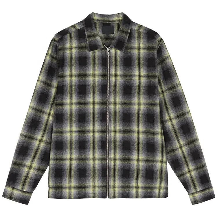 Plus Size Custom Full Zip Long Sleeve 100% Cotton Slim Fit Leisure Plaid Mens Zip Utility Lapel Shirt