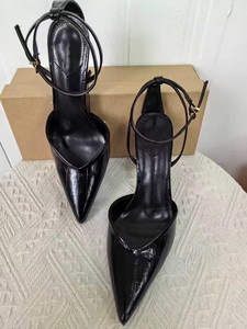 Sandales à talons hauts pour femmes en cuir verni noir à bout pointu et talon aiguille - Bout ouvert avec bride unique - Product Image 4