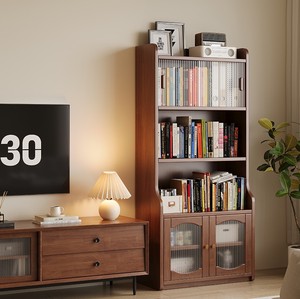 Estantería Clásica de Madera de Caucho con Puertas de Vidrio Changhong y Almacenamiento con Cajones 335 # - Product Image 4