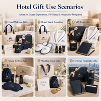 Ensemble de bienvenue personnalisé pour hôtel : peignoir, pantoufles, serviette, trousse de toilette, carte de bienvenue, carte de chambre, articles d'accueil