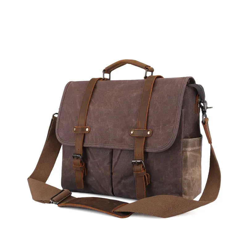Wholesale vintage waxed canvas leather waterproof unisex sling shoulder laptop briefcase satchel messenger bag