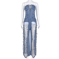 Combinaison en jean tendance été 2023 de haute qualité, style déchiré et perlé, sans bretelles, pour femme, vente en gros