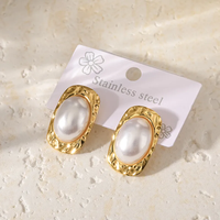 Boucles d'oreilles clous ovales en acier inoxydable électroplaqué, bijoux fantaisie personnalisés pour femmes, avec incrustation de perles artificielles et motif floral