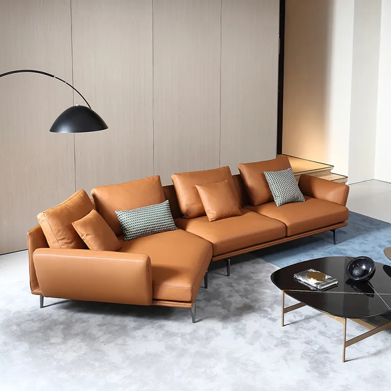 Italian style sofa set living room hotel lobby combination sofa stainless steel leg orange leather sofa can be customized