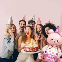 Ballon Mylar Joyeux Anniversaire Ours en Peluche Rose avec Chapeau de Fête Cupcake et Ballon en Aluminium pour Décoration de Fête d'Anniversaire, Baby Shower et Fête d'Enfants