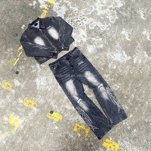 Zipper Denim Jacket and <b>Pants</b> Jogging Suit Jeans Set Manufacturer Custom Jeans Oversized Heavyweight 14 Oz Wash Raw Denim Set - Product Image 1