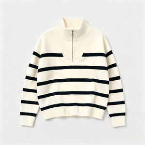 Pull-over surdimensionné en maille rayée à demi-zip personnalisé pour femme, vente en gros, collection automne-hiver - Product Image 1