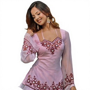 Robe indienne pakistanaise moderne brodée rose pour femme, longueur midi, tenue de soirée, coupe régulière, extensible, fausse fourrure, séchage rapide, toutes saisons - Product Image 1