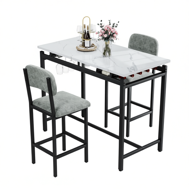 Bar Furniture Set 2 Chairs Gray Upholstered Metal Frame Rectangle Modern Design Kitchen Dining Room Pub Table for Small Spaces