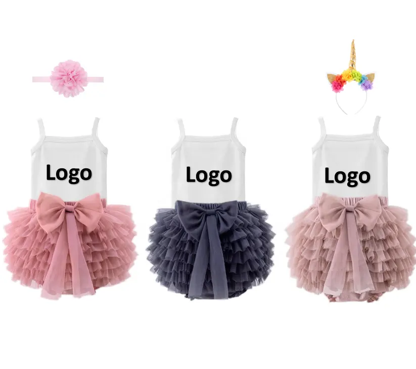 कस्टम बेबी गर्ल्स रोम्पर टुटू स्कर्ट सेट नवजात शिशु के कपड़ों के लिए शिशु धनुष राजकुमारी जाल स्कर्ट बेबी ओनेसी सेट