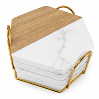 Lot de 4 sous-verres hexagonaux en marbre blanc et bois d'acacia, vierges pour gravure laser, avec support doré, pour les boutiques de cadeaux