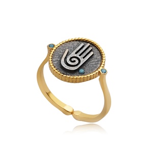 Anillo Ajustable Chapado en Oro Vintage con Símbolo Hamsa y Piedra Turquesa CZ, Hecho a Mano en Turquía, para Bodas, Aniversarios y Fiestas, Plata de Ley 925 - Product Image 1