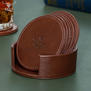 Sailu Leather Coasters Round 10cm Non Slip Heat Insulating Home <b>Bar</b> Table <b>Mats</b> Set of 6 Brown - Product Image 1