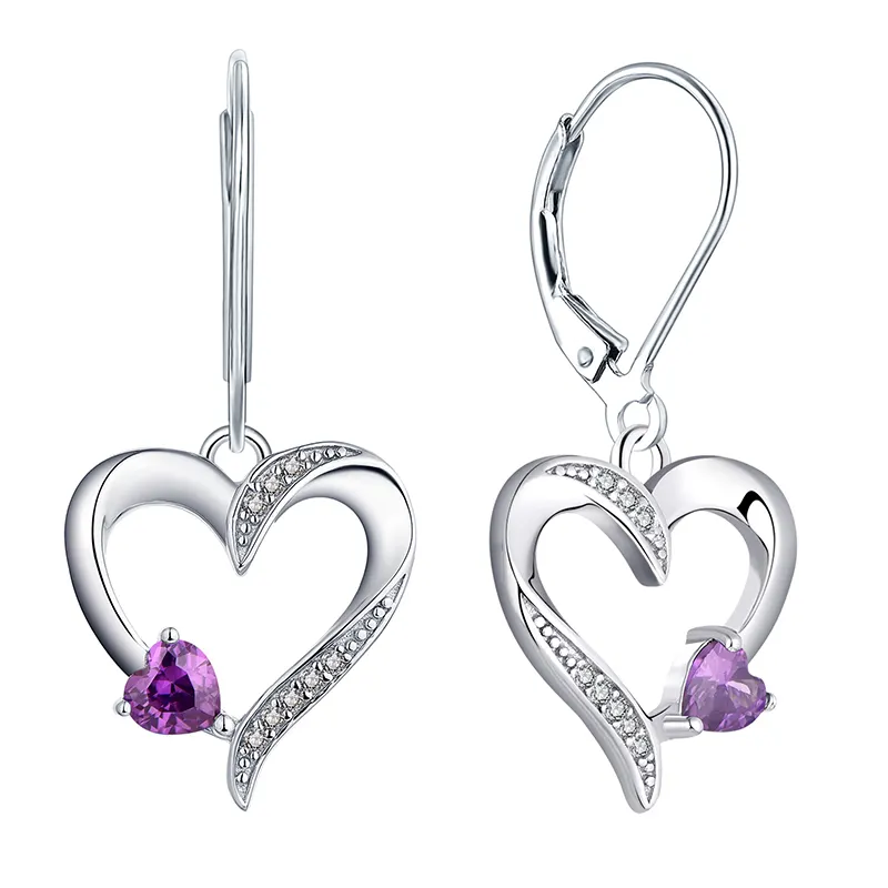 Amethyst Cubic Zirconia Fashion Wholesale Sterling Silver 925 Jewelry Lever back Heart Shape Earrings with Rhodium Plating
