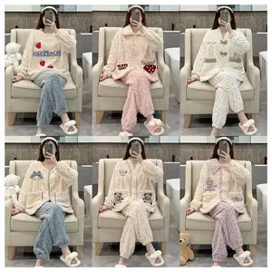 Winter Flannel Long Sleeve Cute Cartoon Thickened Warm Pajamas Women's Cardigan Home Flannel Pajamas 2pcs Set