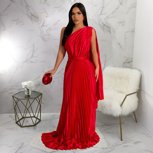 Vestido largo de mujer a la última moda para 2026, vestido de un solo hombro, vestido con cuello diagonal plisado - Product Image 3