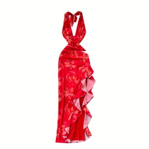 Vestido Midi Casual de Verano para Mujer, Sexy, Sostenible, Tejido, Transpirable, Lavable, con Cuello en V, Abertura Asimétrica, Estilo A-Line, Espalda Descubierta y Volantes - Product Image 5