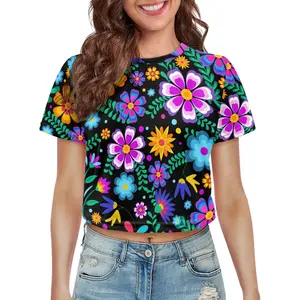 メキシコのフォークフラワーアート3DプリントルーズクロップTシャツ女性用メキシコカスタムランニングトップTシャツスポーツウェアショートTシャツ