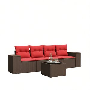 ชุดโซฟาสวนหวายสีน้ำตาลพร้อมเบาะรองนั่ง เฟอร์นิเจอร์ระเบียง 5 ที่นั่ง สไตล์ร่วมสมัยสำหรับกลางแจ้ง - Product Image 1