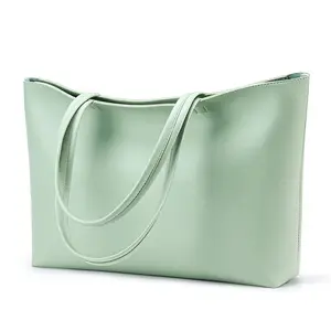 Customize zipper white green shoulder handbag big thickened plain faux vegan leather tote bags with custom printed logo