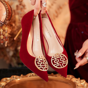 <b>Red</b> Pointed Toe Stiletto <b>Heel</b> Pumps With Buckle Decoration Elegant Wedding Shoes For Bride And Bridesmaid - Product Image 2