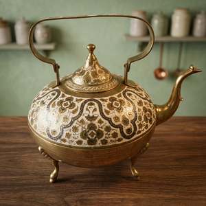 Oriental Metal Tea Kettle With <b>Lid</b> Decorative Floral Pattern Metal Handle Three Legs - Product Image 6