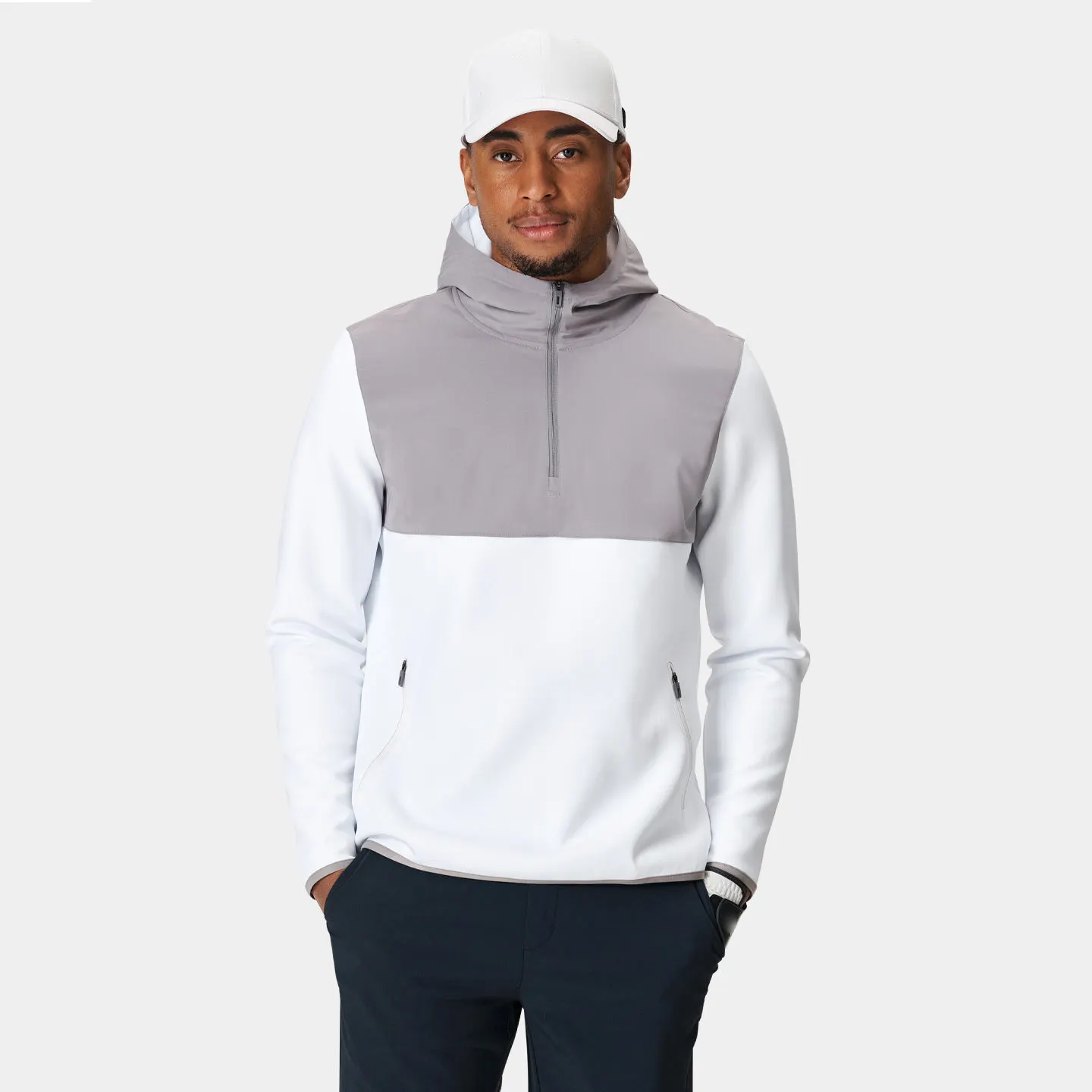 Logo personalizzato sport all'aria aperta patchwork 1/4 zip collo bianco poliestere leggero felpe con cappuccio da golf felpa da uomo