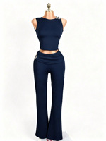 Viviblook Z304ST03 Conjunto de Dos Piezas para Mujer, Verano, Color Sólido, Bordado, Top Corto sin Mangas, Pantalones Acampanados, Casual, Talla Grande