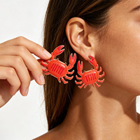 Pendientes de púas con diseño de cangrejo estilo vacaciones de verano europeo-americano transfronterizo, con efecto de goteo de aceite, de dibujos animados, rojos y blancos, marinos