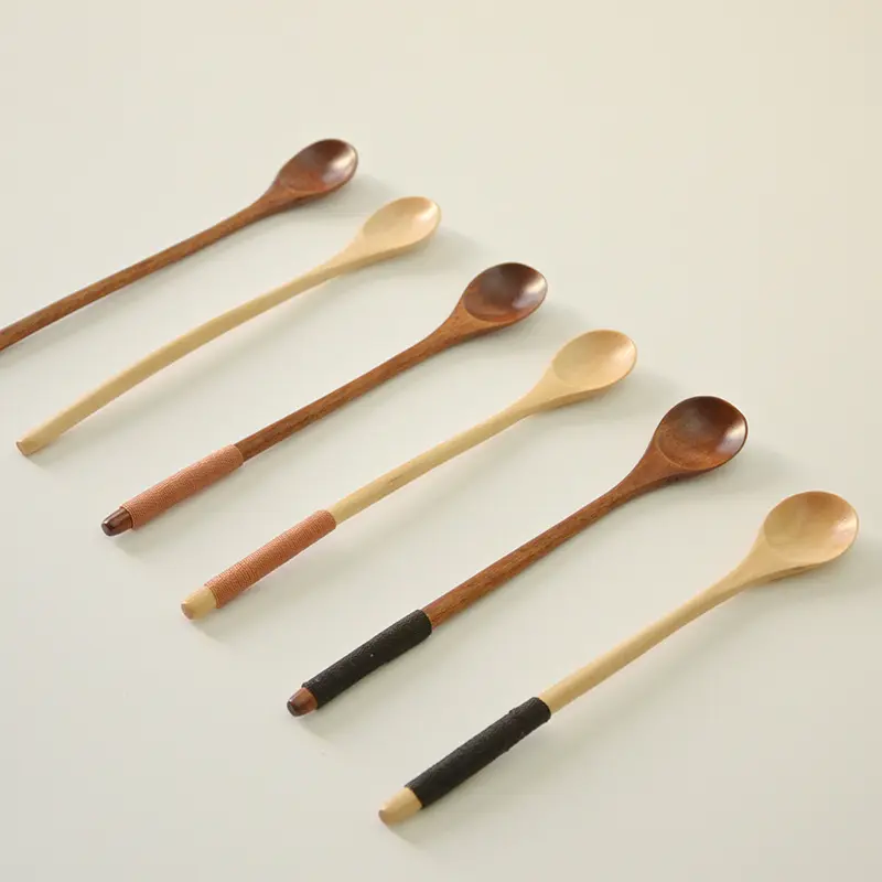 New arrival multipurpose long handle high heat resistant wooden solid spoon for stirring coffee and drinks