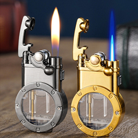 Briquet à flamme ouverte à double allumage avec logo laser personnalisé, bras oscillant, chambre à gaz transparente en métal, briquet coupe-vent pour cigarettes
