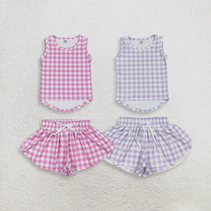 Longlv Fashion Summer Kids Clothes for Girls Pink Flower Checkered Print Sleeveless Tops with Skort Set Toddler 2pcs Outfits - Product Image 5