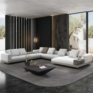 Conjunto de sofá secional, itália, moderno, em couro u, formato de l, com madeira, design europeu, sala de estar, móveis, luxo, grande sofá branco